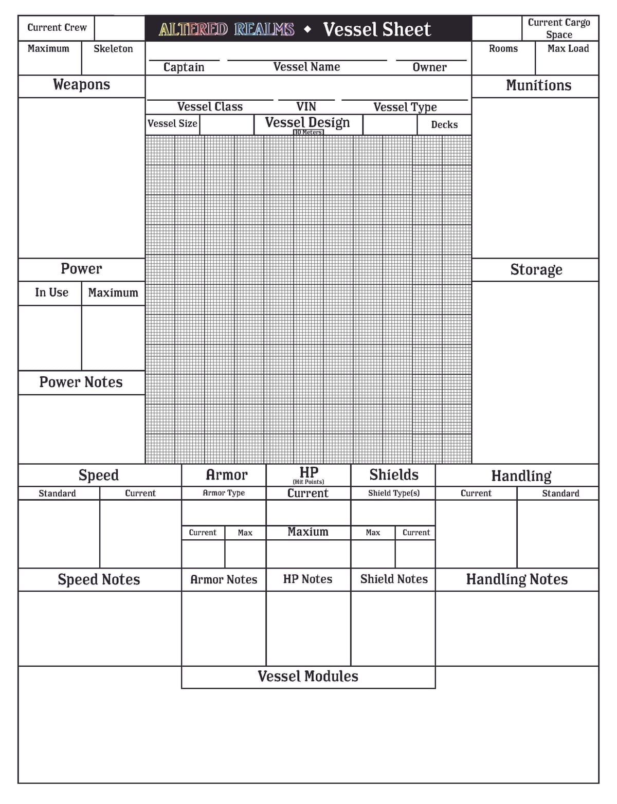 Vessel / Craft / Vehicle Sheet