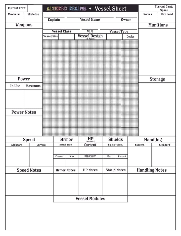 Vessel / Craft / Vehicle Sheet